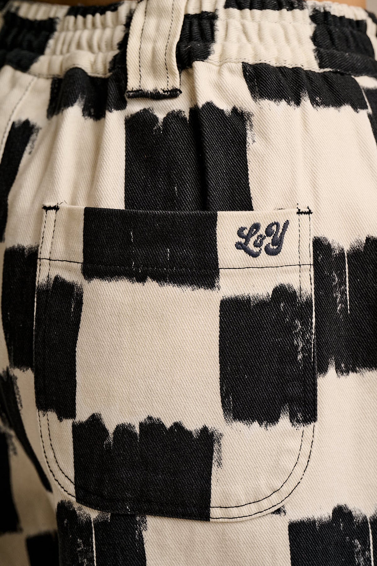 Ashby - Barrel Leg Trousers Organic Cotton in Black & Ecru Blurred Checkerboard