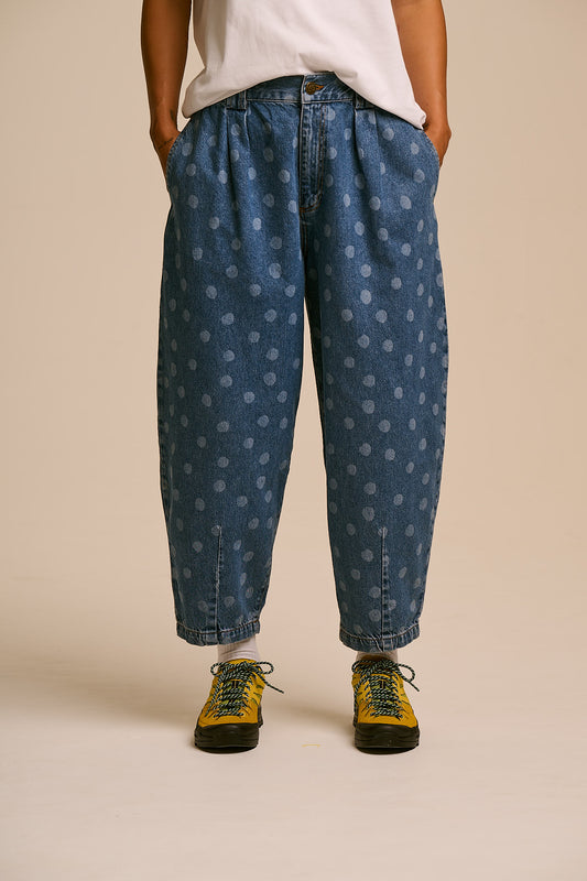 IMPERFECT Ashby - Denim Barrel Leg Jeans in Midwash Polka Dot