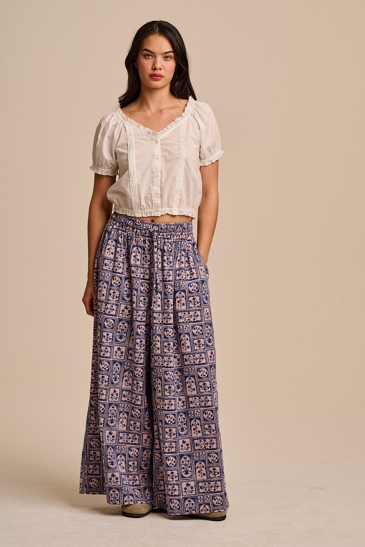 Aster - Wide Leg Trousers Organic Cotton in Blue & Pink Walled Blooms