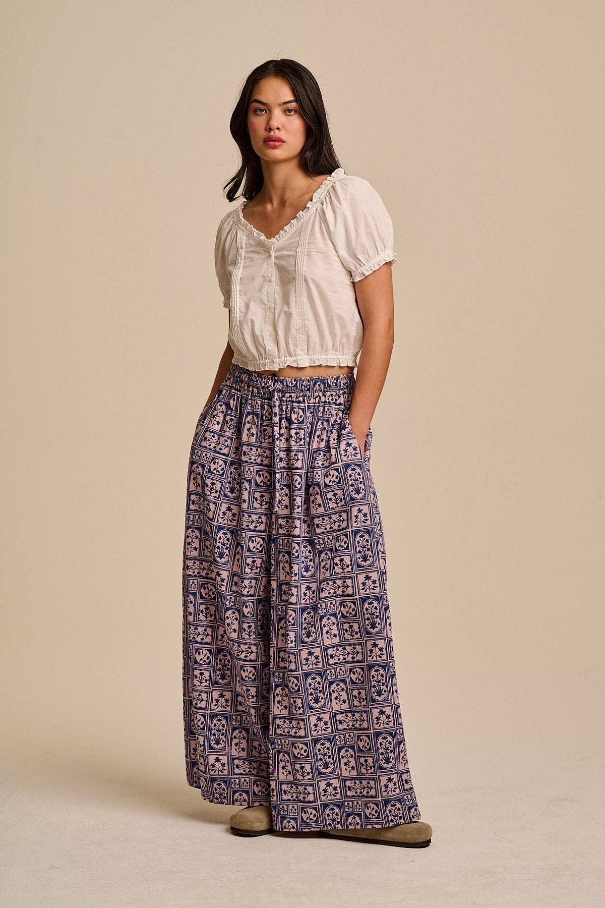 Aster - Wide Leg Trousers Organic Cotton in Blue & Pink Walled Blooms