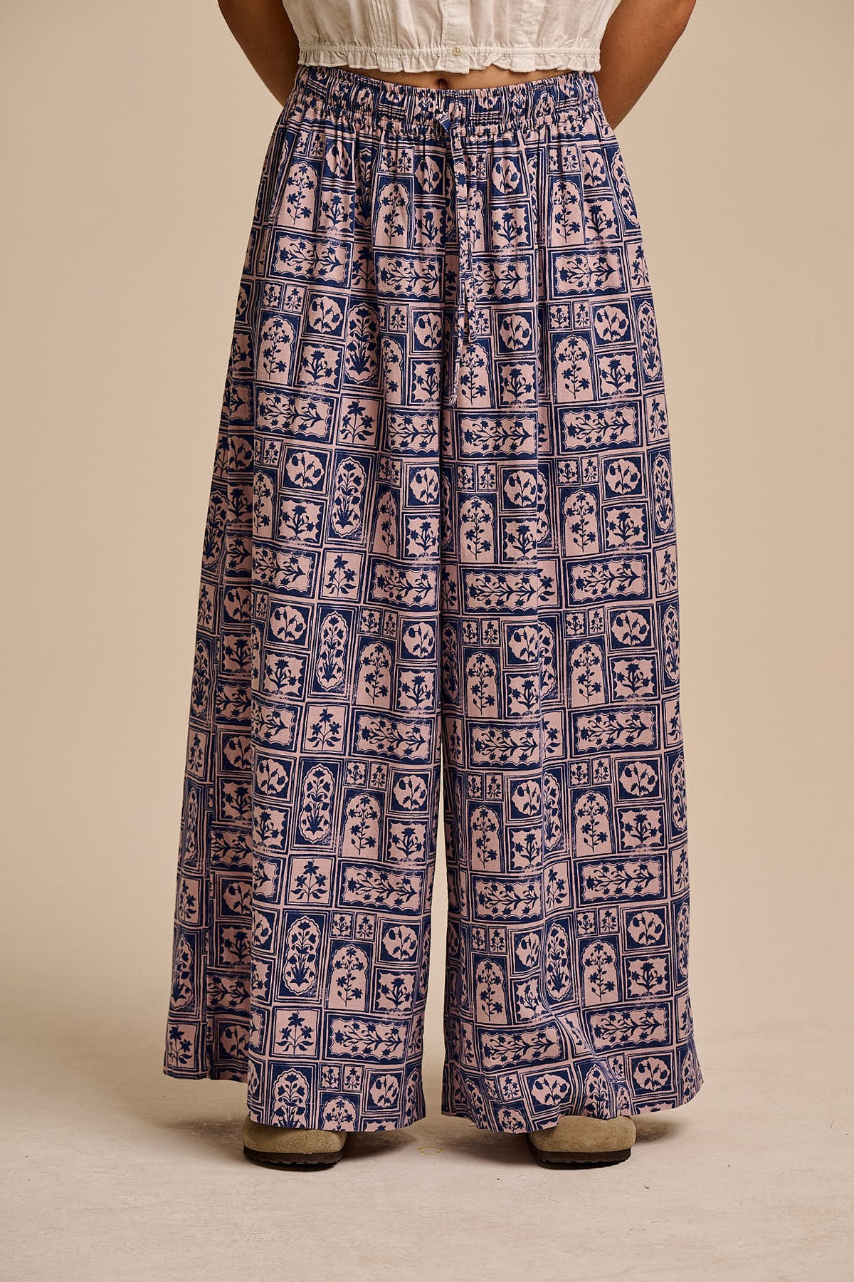 Aster - Wide Leg Trousers Organic Cotton in Blue & Pink Walled Blooms