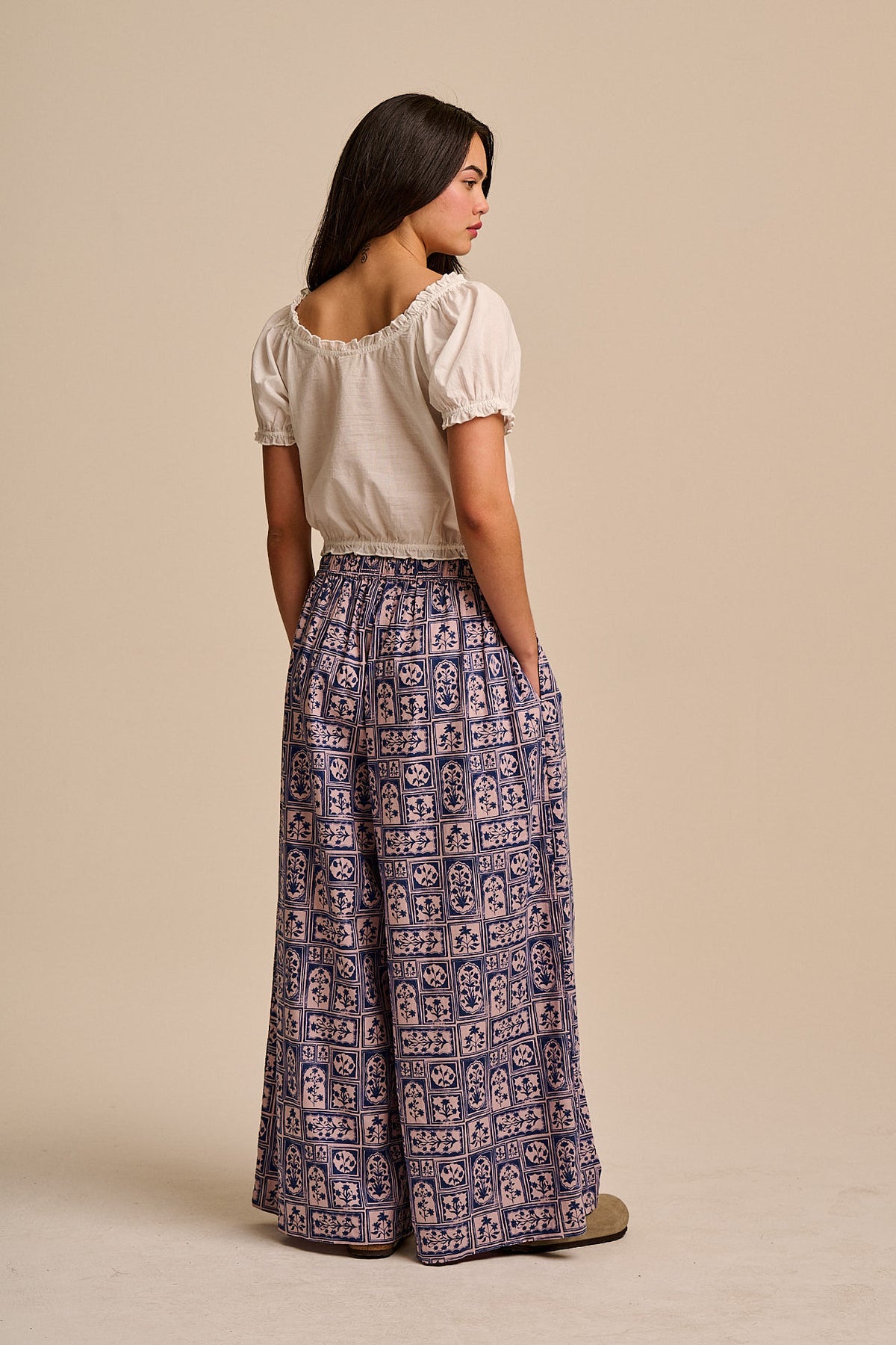 Aster - Wide Leg Trousers Organic Cotton in Blue & Pink Walled Blooms