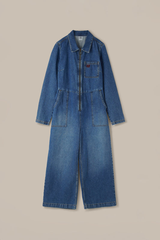 Tavira - Long Sleeve Jumpsuit Organic Cotton Denim in Vintage Wash