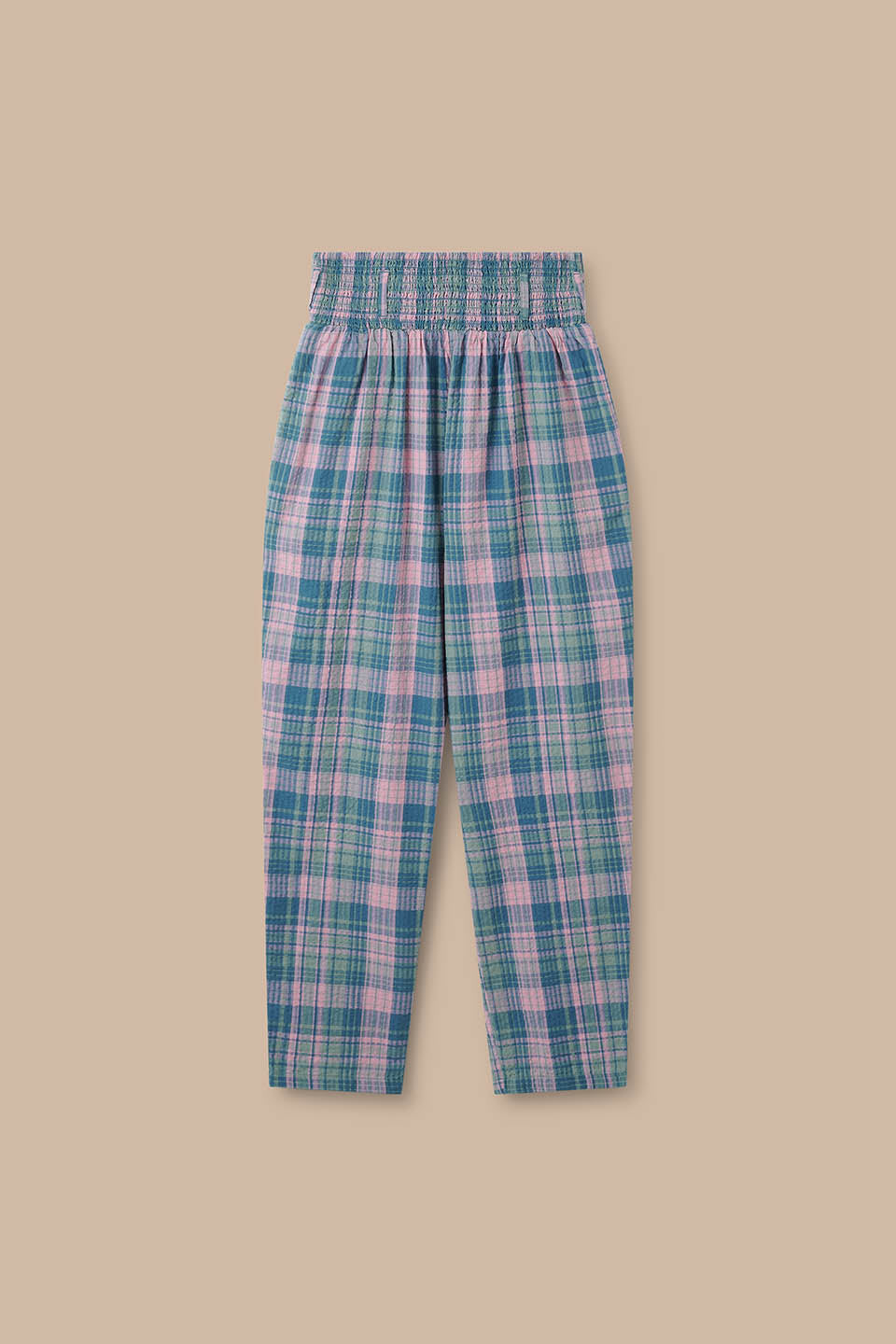 Alexa - Tapered Leg Trousers Organic Cotton Seersucker in Palace Check
