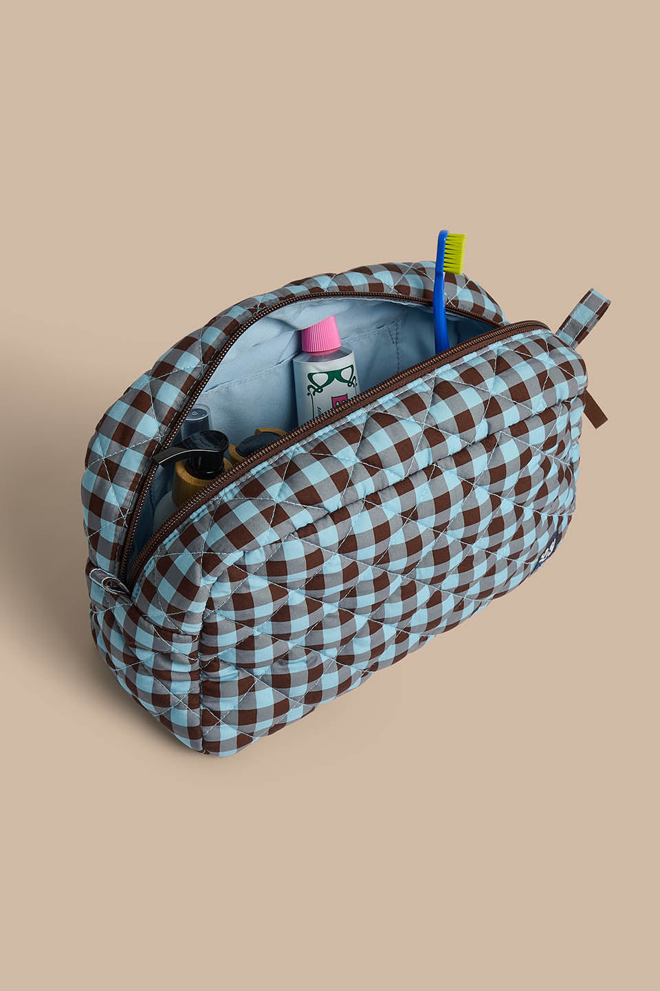Amaliah - Large Washbag Recycled Polyester in Blue and Brown Check