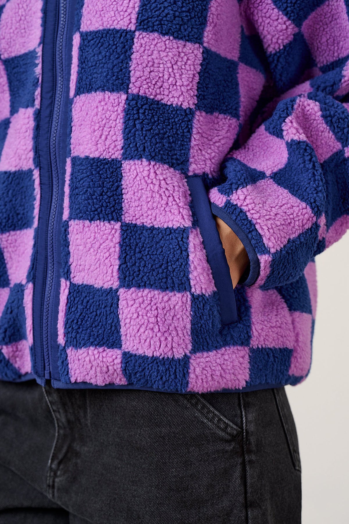 Cassie - Bomber Jacket Recycled Polyester Borg Fleece in Checkerboard