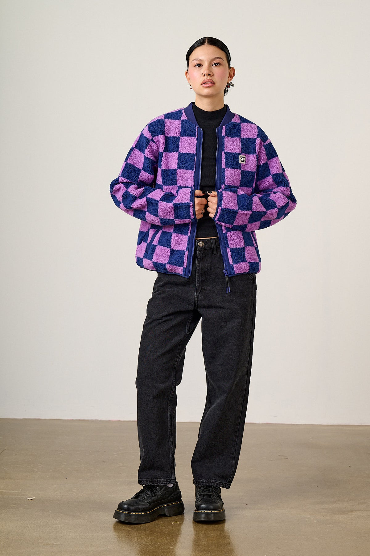 Cassie - Bomber Jacket Recycled Polyester Borg Fleece in Checkerboard