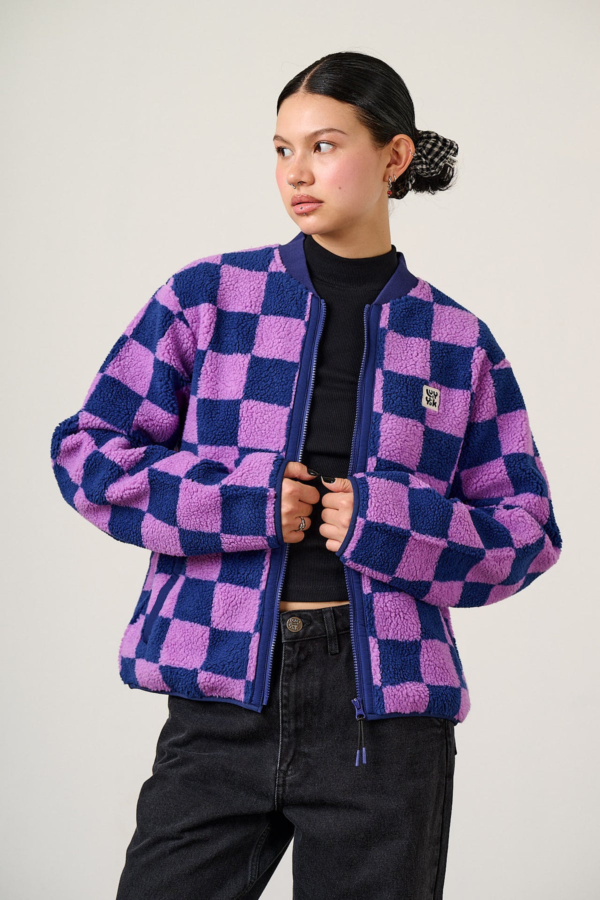 Cassie - Bomber Jacket Recycled Polyester Borg Fleece in Checkerboard