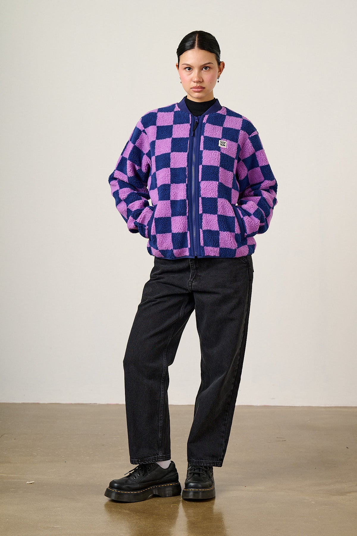 Cassie - Bomber Jacket Recycled Polyester Borg Fleece in Checkerboard