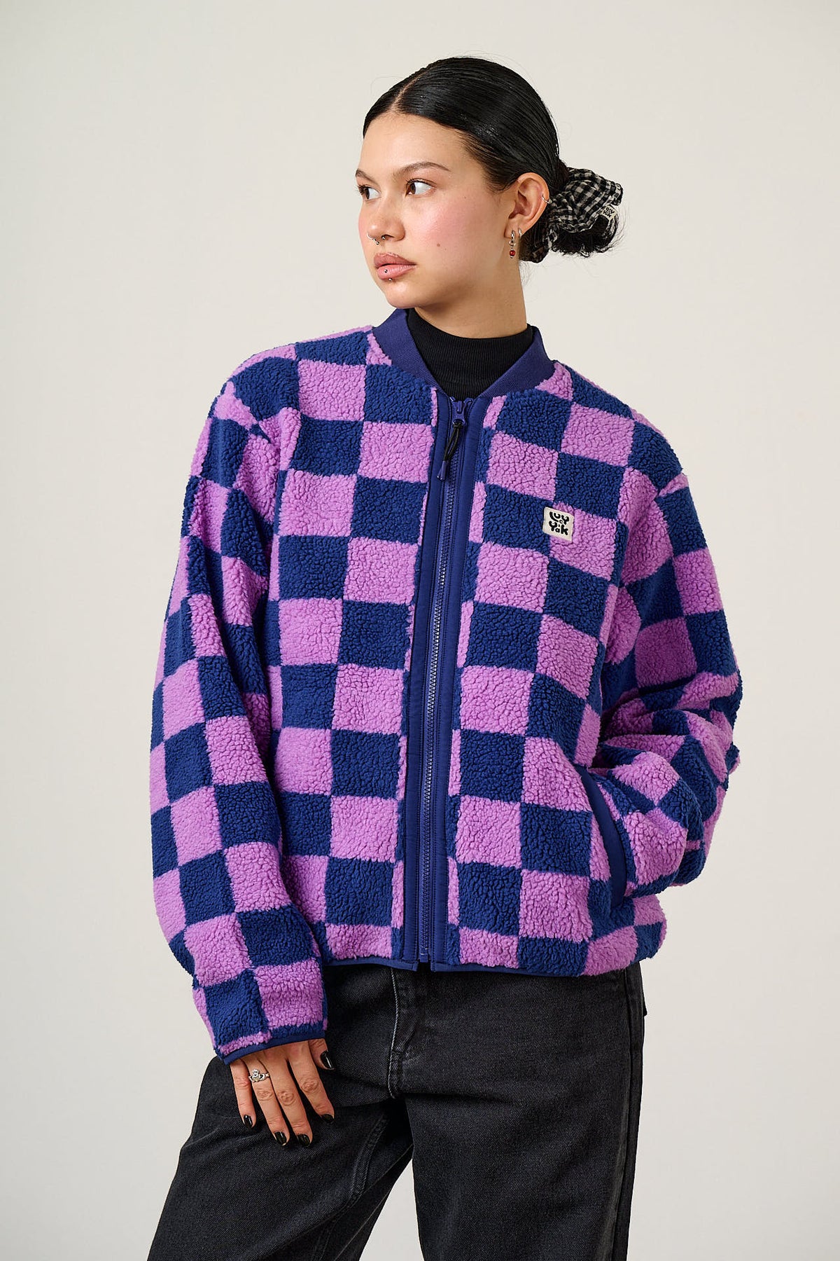 Cassie - Bomber Jacket Recycled Polyester Borg Fleece in Checkerboard