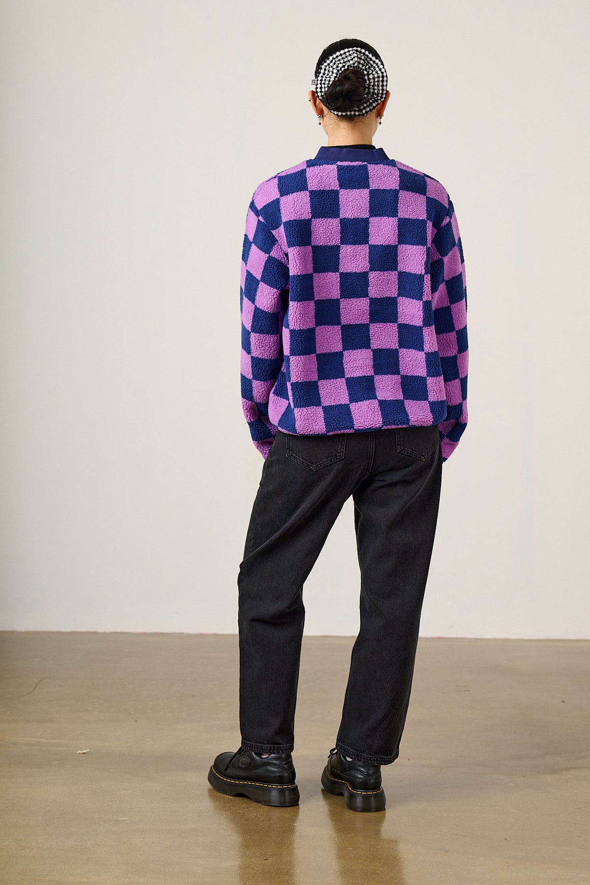 Cassie - Bomber Jacket Recycled Polyester Borg Fleece in Checkerboard