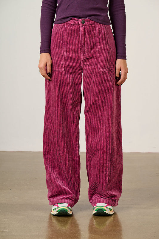 Delores - Organic Cord Wide Leg Trousers in Raspberry