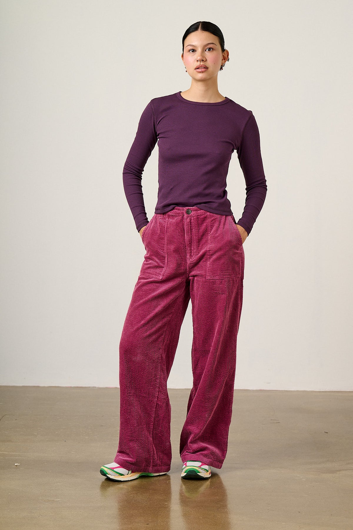 Delores - Organic Cord Wide Leg Trousers in Raspberry