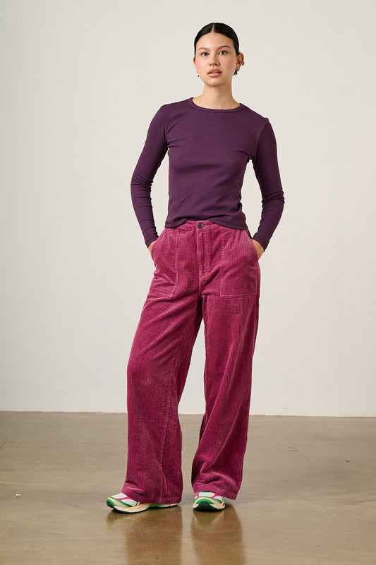 Delores - Organic Cord Wide Leg Trousers in Raspberry