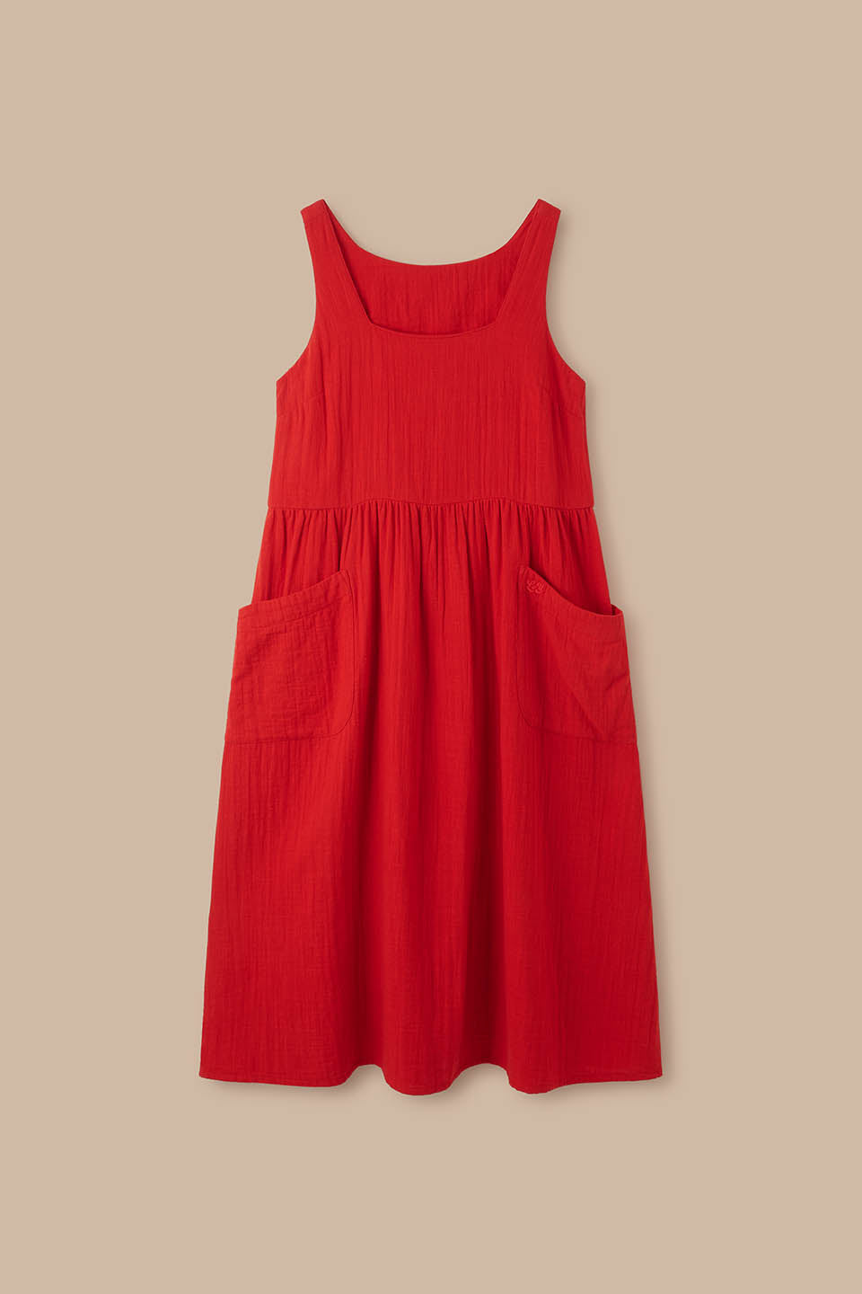 Florie - Square Neck Midi Dress Organic Cotton Double Gauze in Red