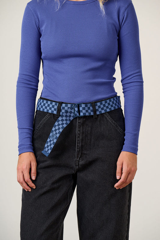 Flynn - D-Ring Webbing Belt Organic Cotton Webbing in Blue Checkerboard