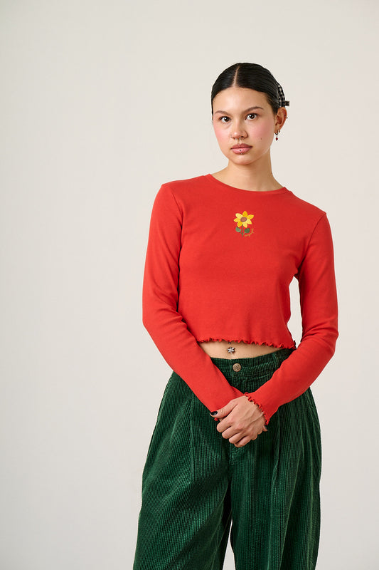 Hansel - Long Sleeve Top Organic Cotton in Red with Sunflower