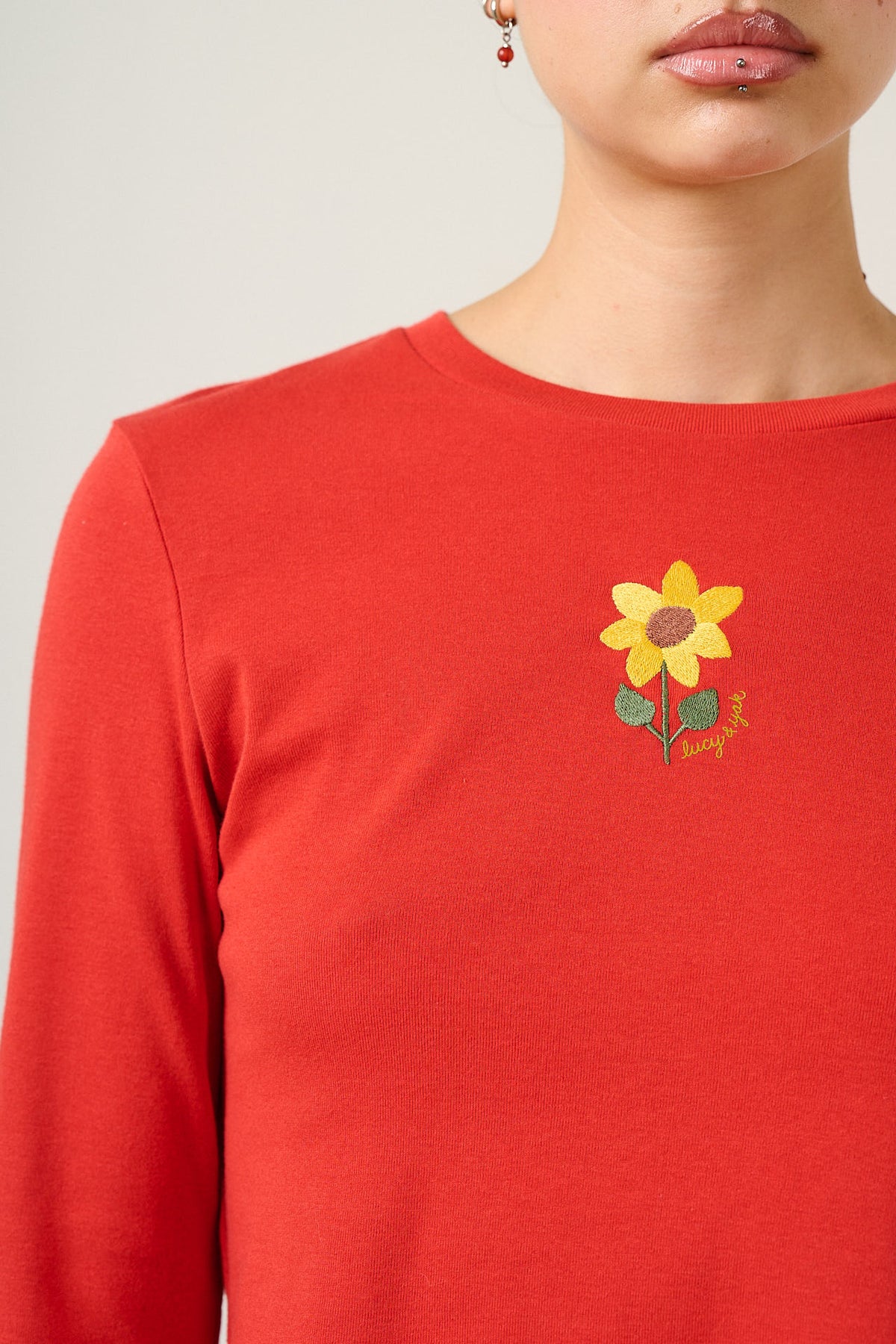 Hansel - Long Sleeve Top Organic Cotton in Red with Sunflower