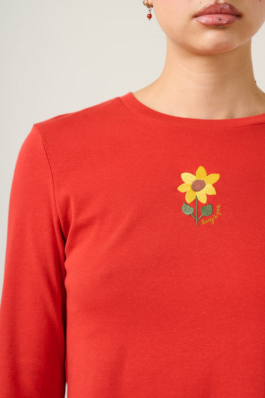 Hansel - Long Sleeve Top Organic Cotton in Red with Sunflower