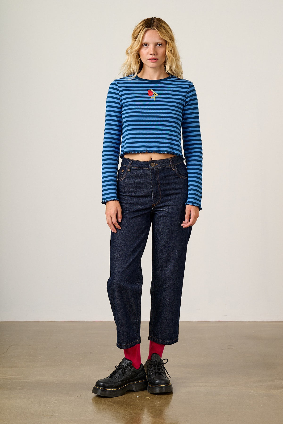 Hansel - Long Sleeve Top Organic Cotton in Blue Stripe with Tulip