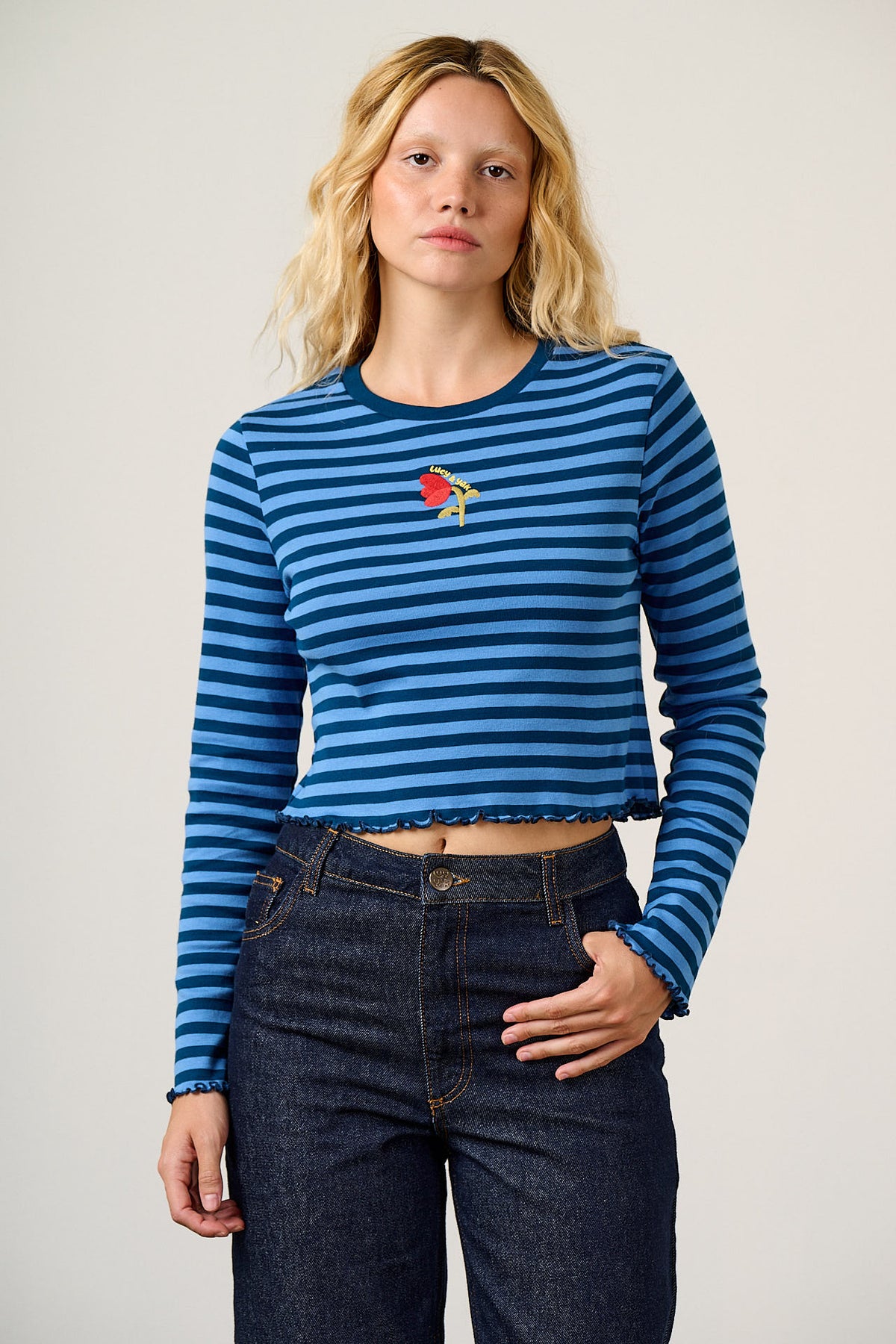Hansel - Long Sleeve Top Organic Cotton in Blue Stripe with Tulip