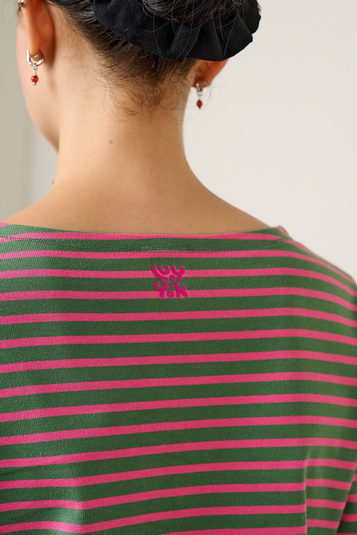 Laia Breton - Long Sleeve Boat Neck Top Organic Cotton in Green & Pink Stripe