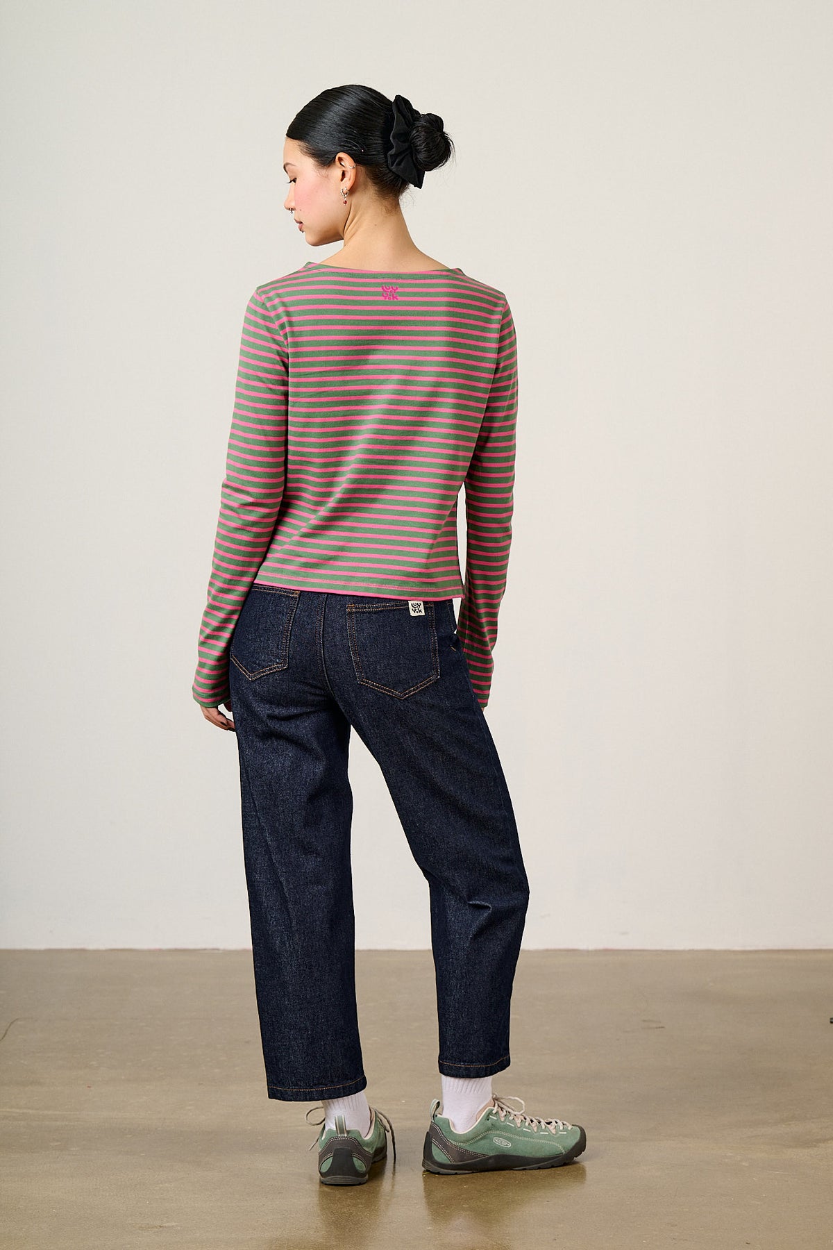 Laia Breton - Long Sleeve Boat Neck Top Organic Cotton in Green & Pink Stripe
