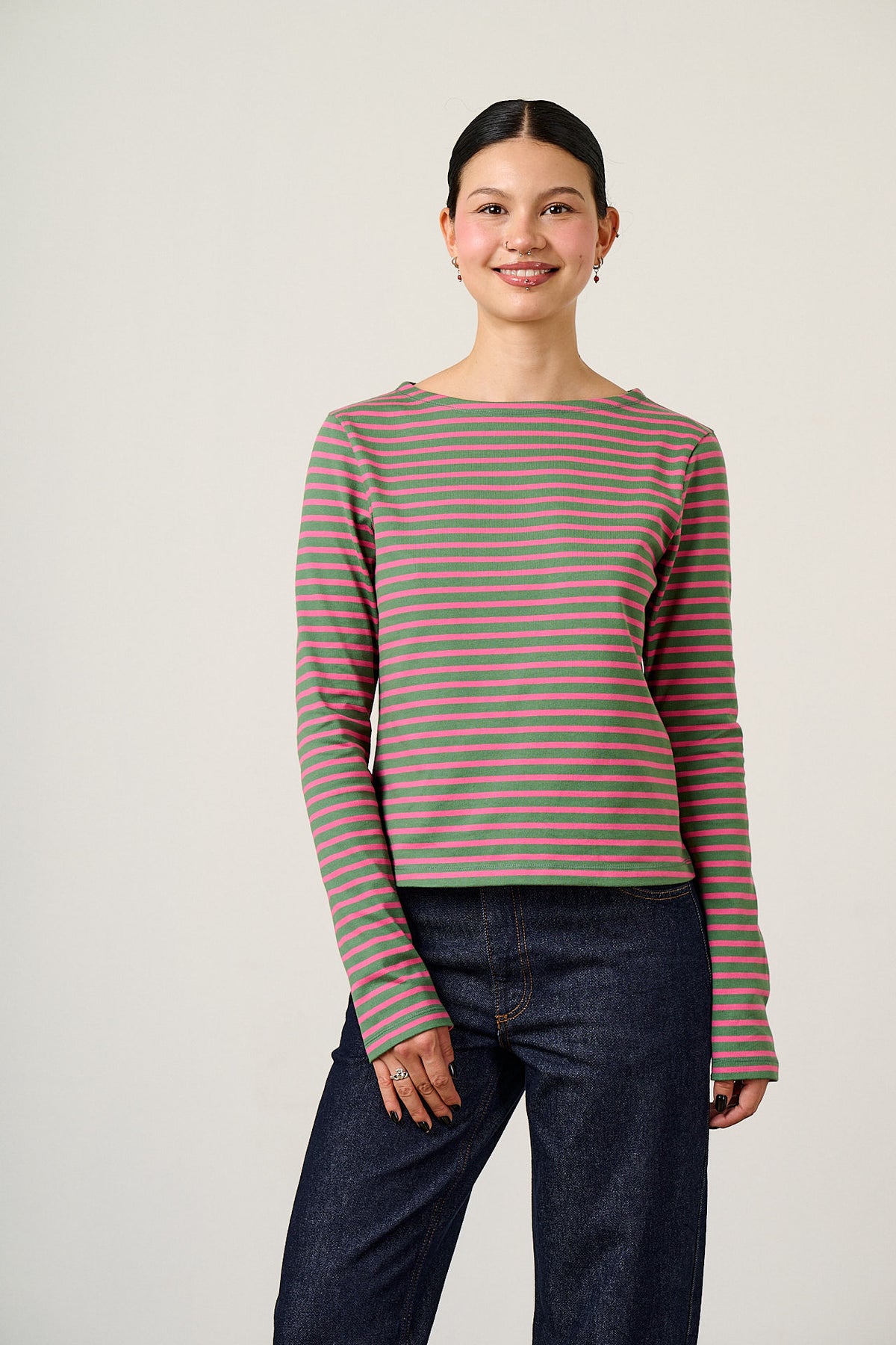 Laia Breton - Long Sleeve Boat Neck Top Organic Cotton in Green & Pink Stripe