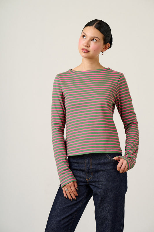 Laia Breton - Long Sleeve Boat Neck Top Organic Cotton in Green & Pink Stripe