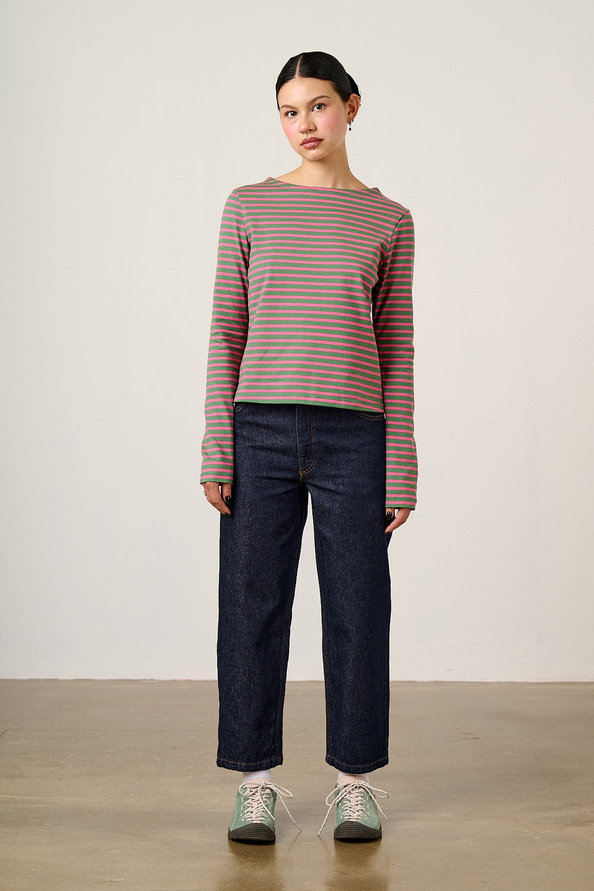 Laia Breton - Long Sleeve Boat Neck Top Organic Cotton in Green & Pink Stripe