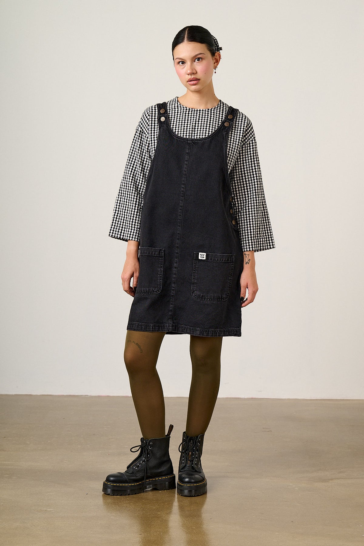 Layla - Pinafore Mini Dress Organic Cotton Denim in Washed Black