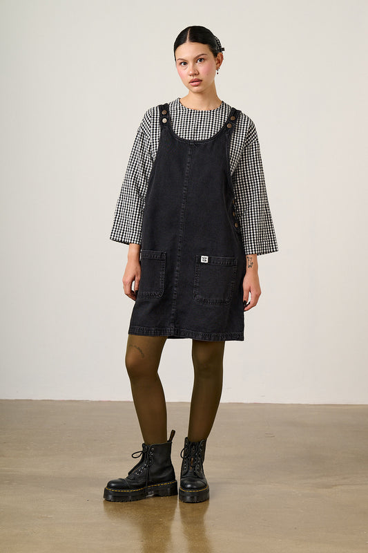 Layla - Pinafore Mini Dress Organic Cotton Denim in Washed Black