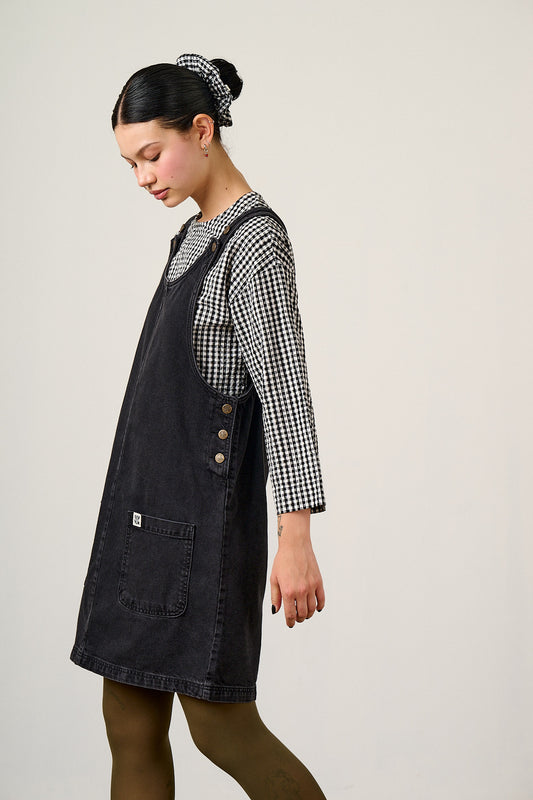 Layla - Pinafore Mini Dress Organic Cotton Denim in Washed Black