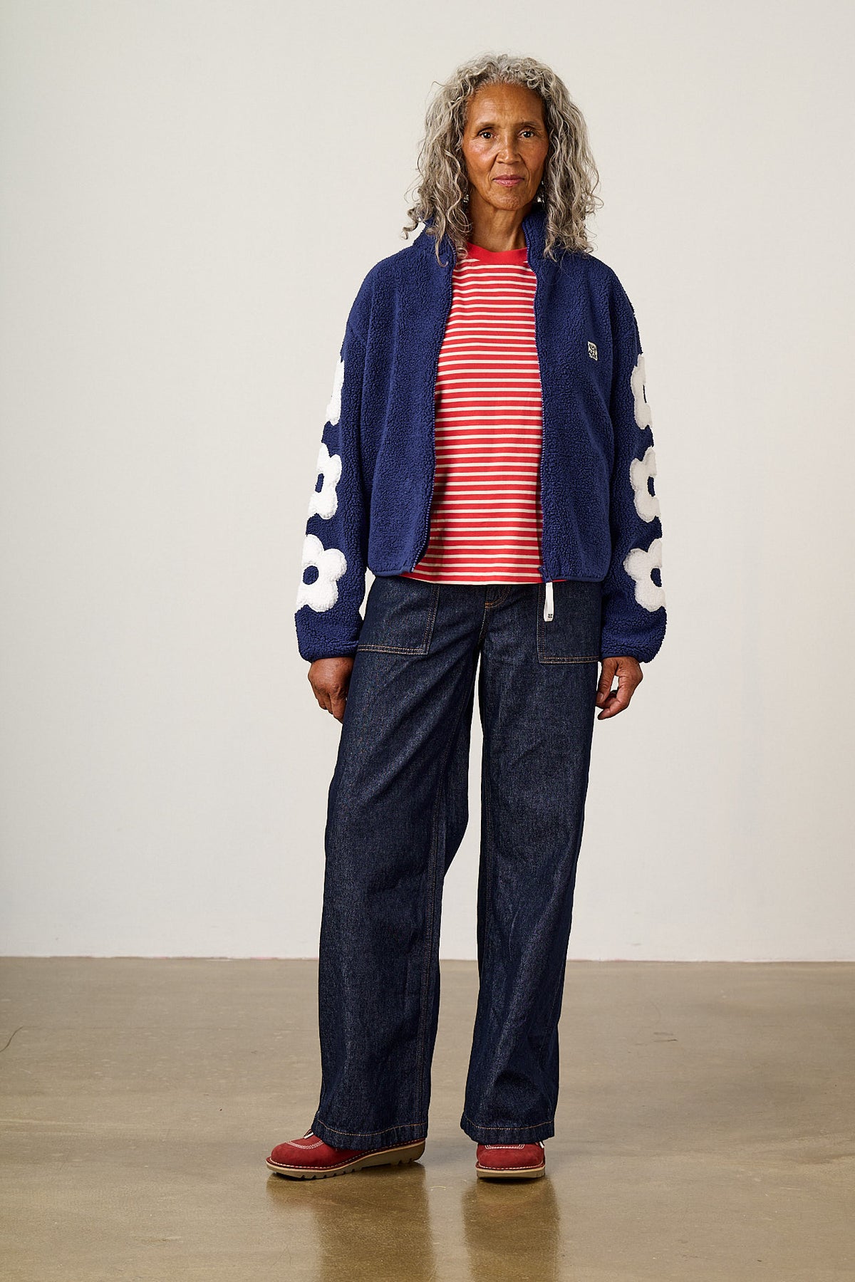 Margot - Borg Fleece Recycled Polyester in Navy and Ecru with Flower