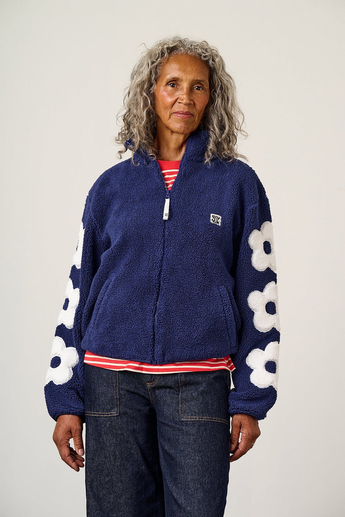 Margot - Borg Fleece Recycled Polyester in Navy and Ecru with Flower