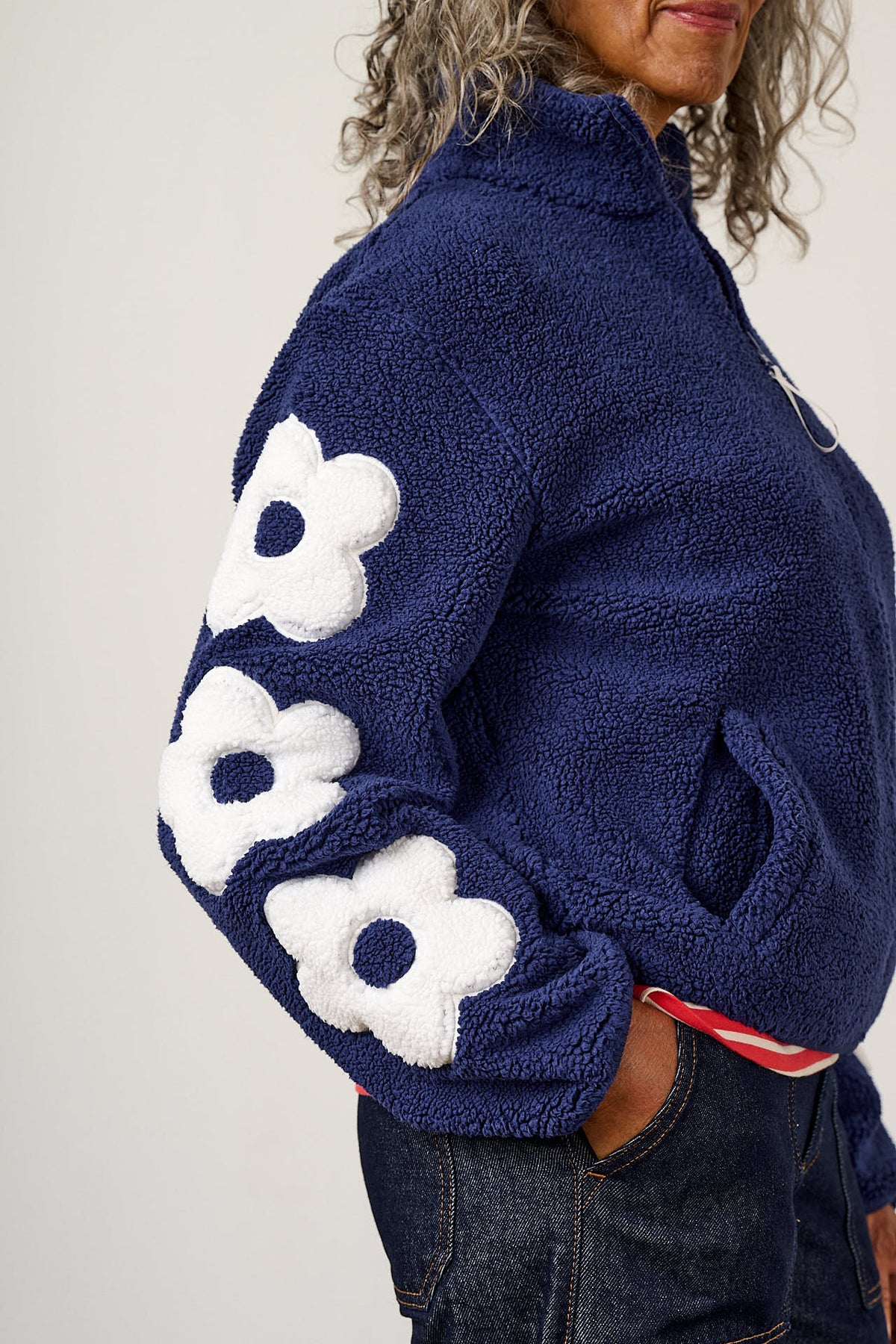 Margot - Borg Fleece Recycled Polyester in Navy and Ecru with Flower