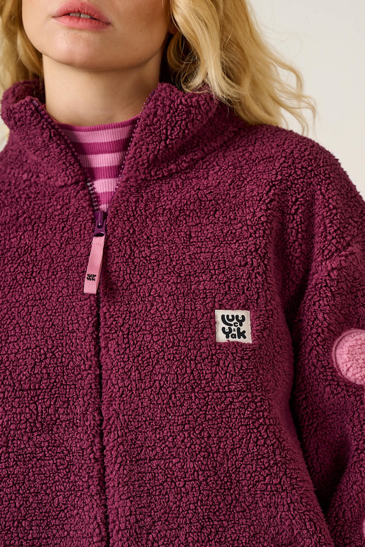 Margot - Borg Fleece Recycled Polyester in Pink and Burgundy with Flower