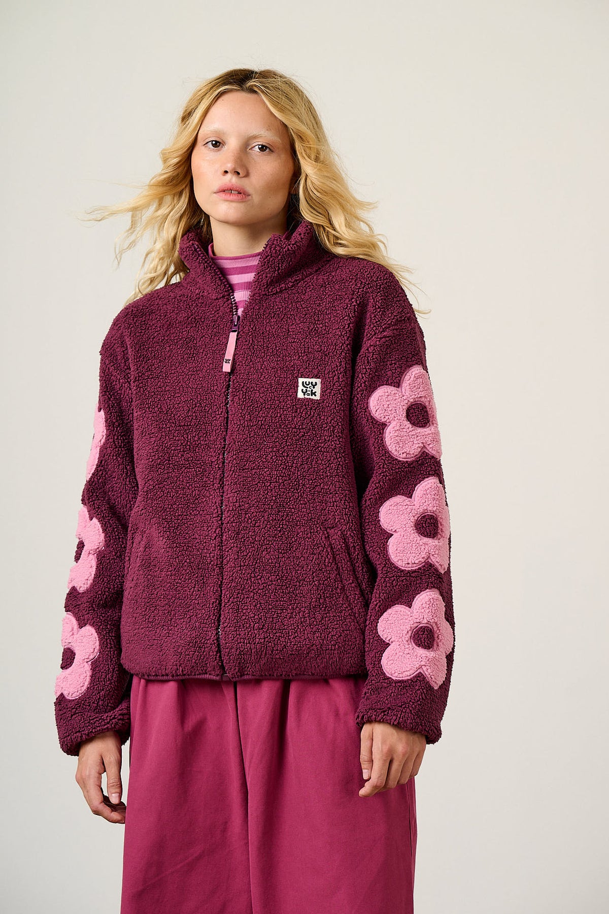 Margot - Borg Fleece Recycled Polyester in Pink and Burgundy with Flower