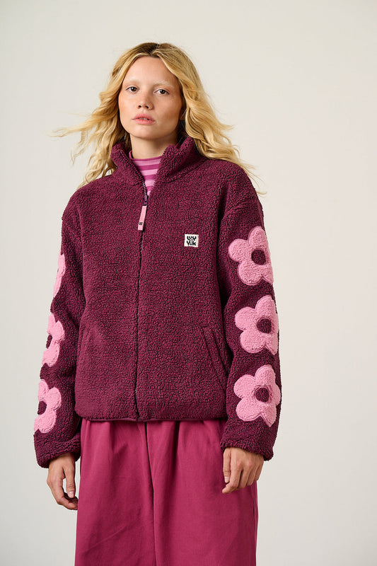 Margot - Borg Fleece Recycled Polyester in Pink and Burgundy with Flower