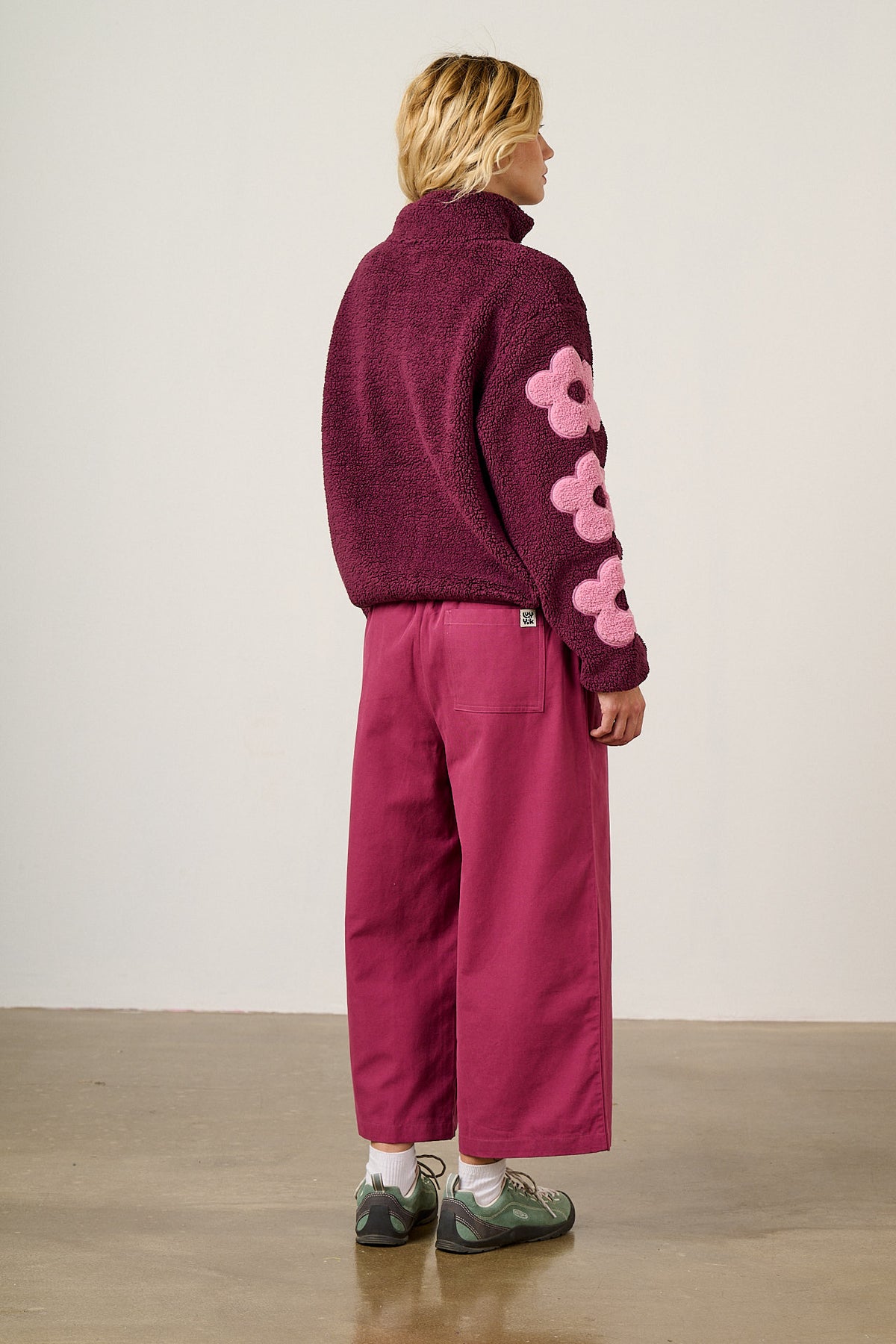 Margot - Borg Fleece Recycled Polyester in Pink and Burgundy with Flower