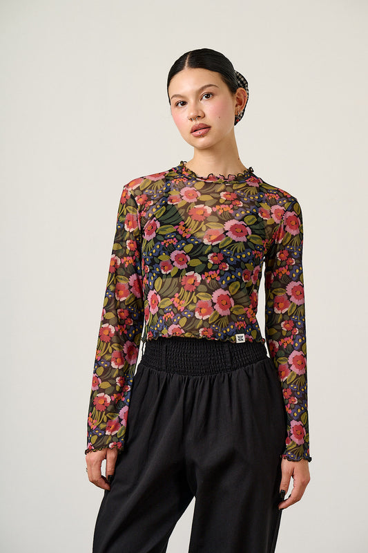 Perrie - Long Sleeve Top Recycled Polyester Mesh in Marie Print