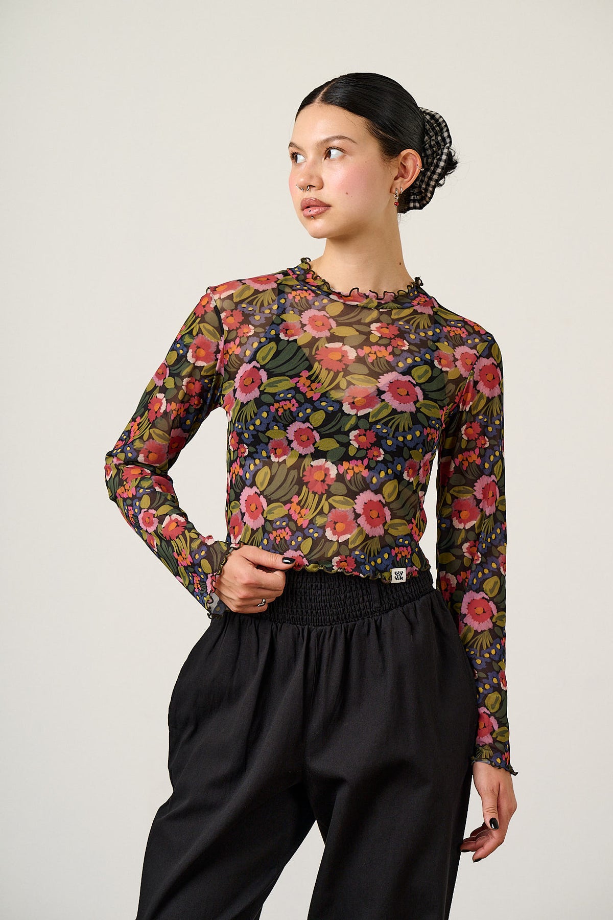 Perrie - Long Sleeve Top Recycled Polyester Mesh in Marie Print