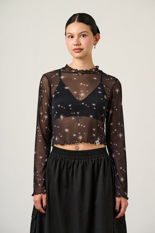 Perrie - Long Sleeve Top Recycled Polyester Mesh in Celestial Print