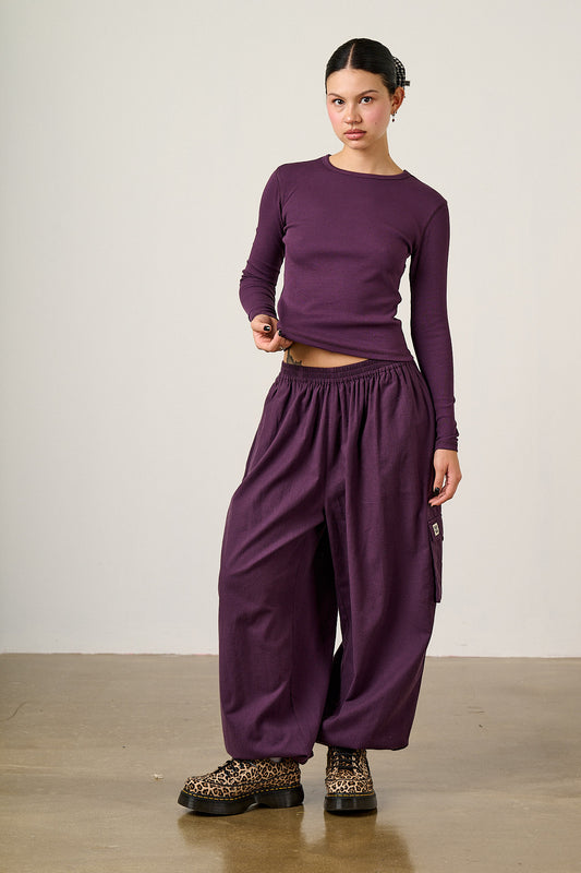 Rumi - Wide Leg Trousers Organic Brushed Cotton in Plum Perfect