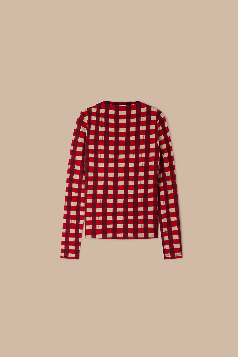 Sara - Long Sleeve Mock Neck Top Viscose in Burgundy Gingham