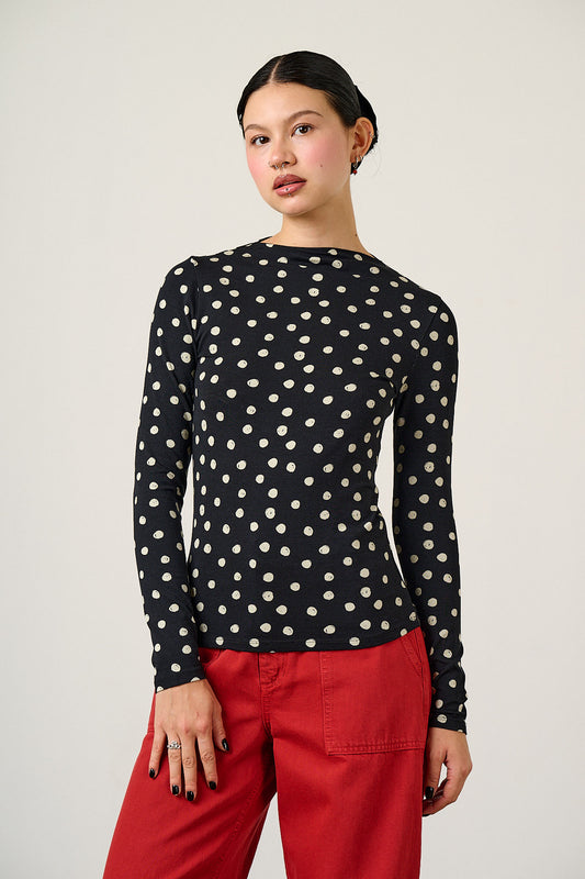 Sara - Long Sleeve Mock Neck Top Viscose in Polka Dot
