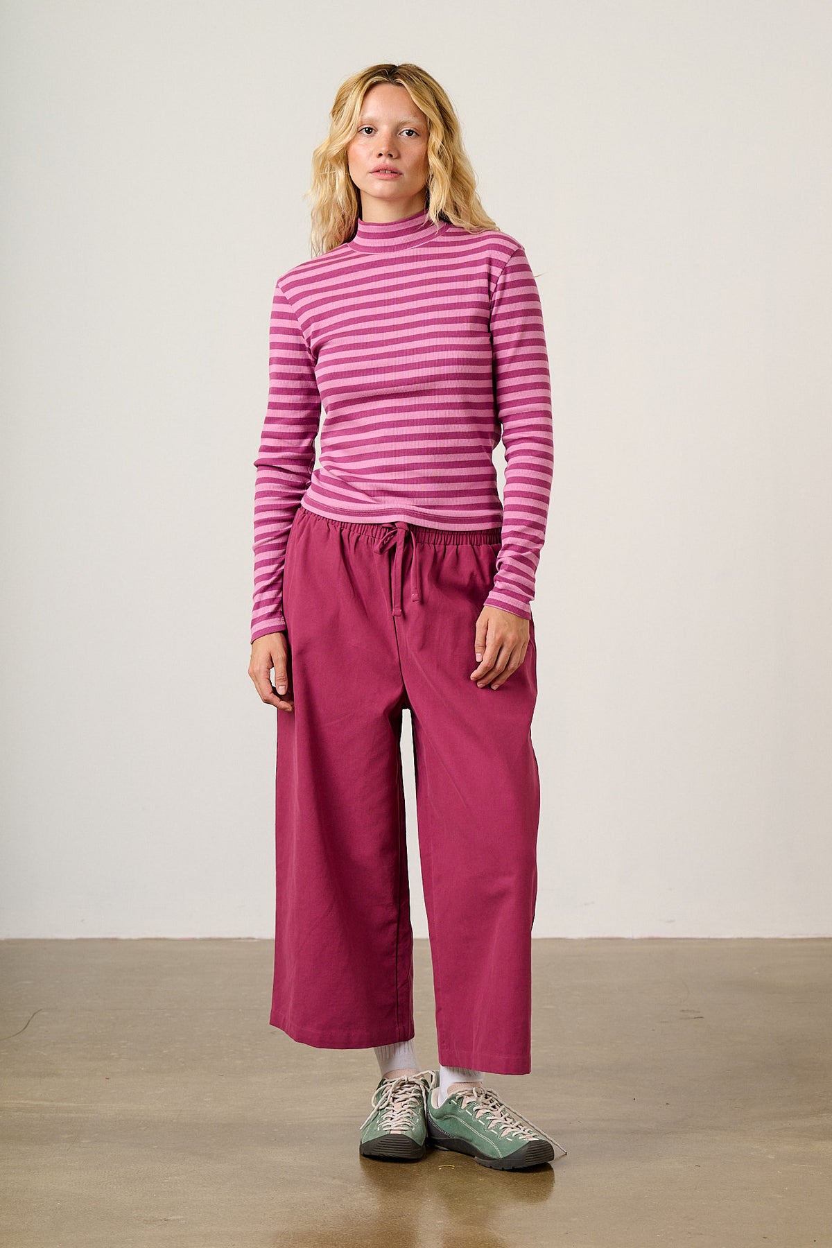 Tia - Long Sleeve Funnel Neck Top Cotton in Beetroot Stripe
