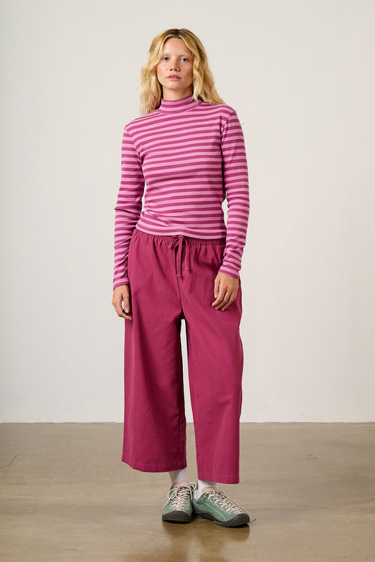 Tia - Long Sleeve Funnel Neck Top Cotton in Beetroot Stripe