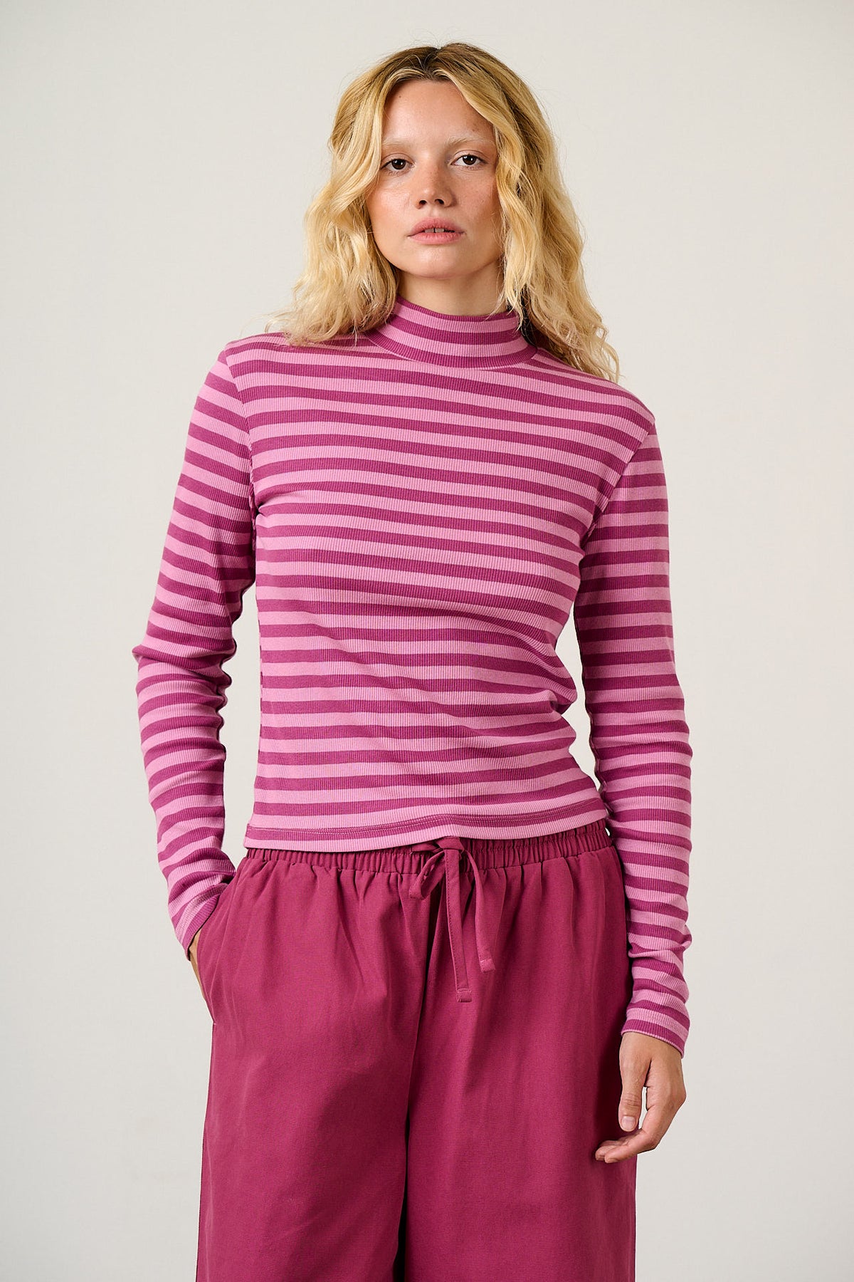 Tia - Long Sleeve Funnel Neck Top Cotton in Beetroot Stripe
