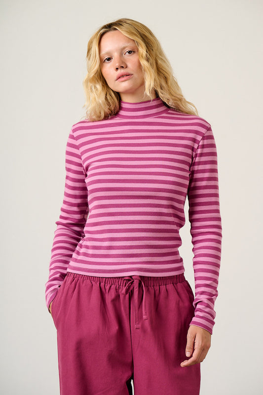 Tia - Long Sleeve Funnel Neck Top Cotton in Beetroot Stripe